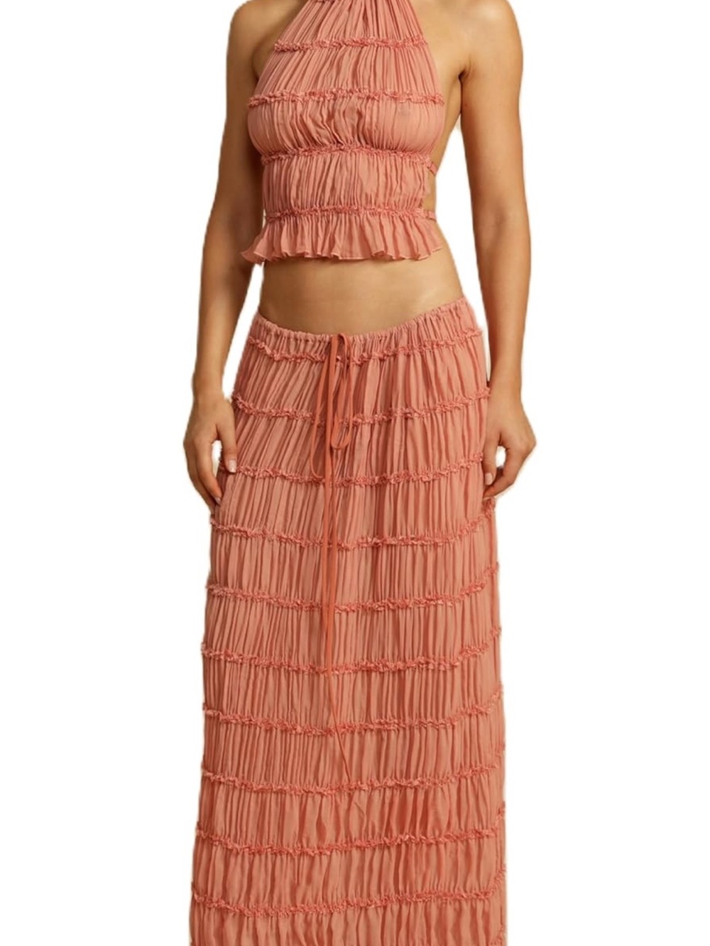 Women's Coral Ruffled Maxi Skirt and top